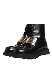 Black Leather DG Plaque Lace Up Boots Shoes