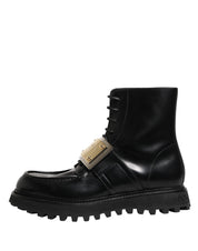 Black Leather DG Plaque Lace Up Boots Shoes