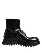 Black Leather DG Plaque Lace Up Boots Shoes
