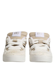 White Beige Faux Shearling Low Top Sneakers Shoes