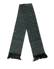 Green Silk Floral Pattern Fringed 135cm X 16cm  Scarf