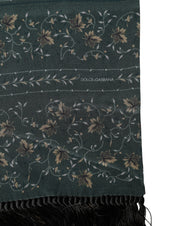 Green Silk Floral Pattern Fringed 135cm X 16cm  Scarf