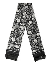 Dolce & Gabbana Black White Silk Floral Print Fringe 136cm X 15.5cm  Scarf