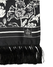 Black White Silk Floral Print Fringe 136cm X 15.5cm  Scarf