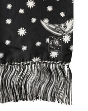 Black Silk Sun Moon Star Fringe Foulard 178cm X 33cm Scarf