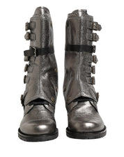 Metallic Leather Buckle Combat Boots Shoes