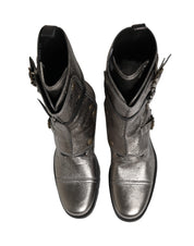 Metallic Leather Buckle Combat Boots Shoes