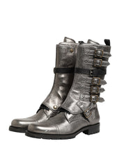 Metallic Leather Buckle Combat Boots Shoes