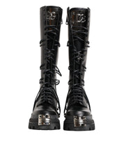 Black Leather Knee High Combat Boots Shoes