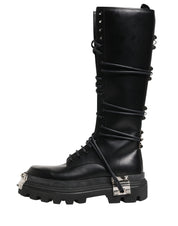 Black Leather Knee High Combat Boots Shoes
