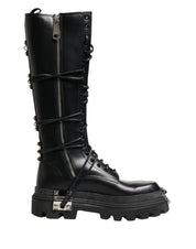 Black Leather Knee High Combat Boots Shoes