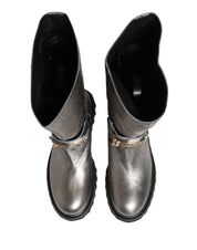 Metallic Silver Leather Mid Calf Boots Shoes