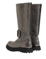 Metallic Silver Leather Mid Calf Boots Shoes