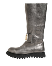 Metallic Silver Leather Mid Calf Boots Shoes