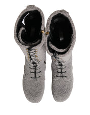Gray Shearling Lace Up Knee High Boots Shoes