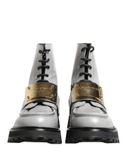 Gray Leather Logo Plaque Ankle Boots Shoes
