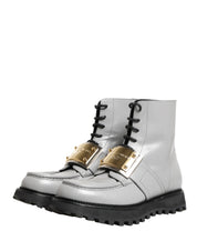 Gray Leather Logo Plaque Ankle Boots Shoes