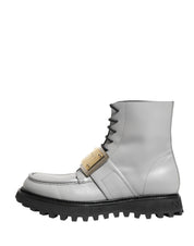 Gray Leather Logo Plaque Ankle Boots Shoes