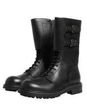 Black Leather Belted Buckle Combat Boots Shoes