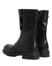Black Leather Belted Buckle Combat Boots Shoes