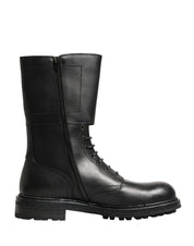 Black Leather Belted Buckle Combat Boots Shoes
