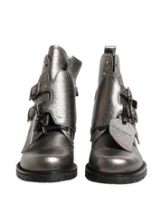 Metallic Silver Leather Buckle Ankle Boots Shoes