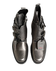 Metallic Silver Leather Buckle Ankle Boots Shoes