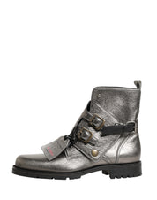 Metallic Silver Leather Buckle Ankle Boots Shoes