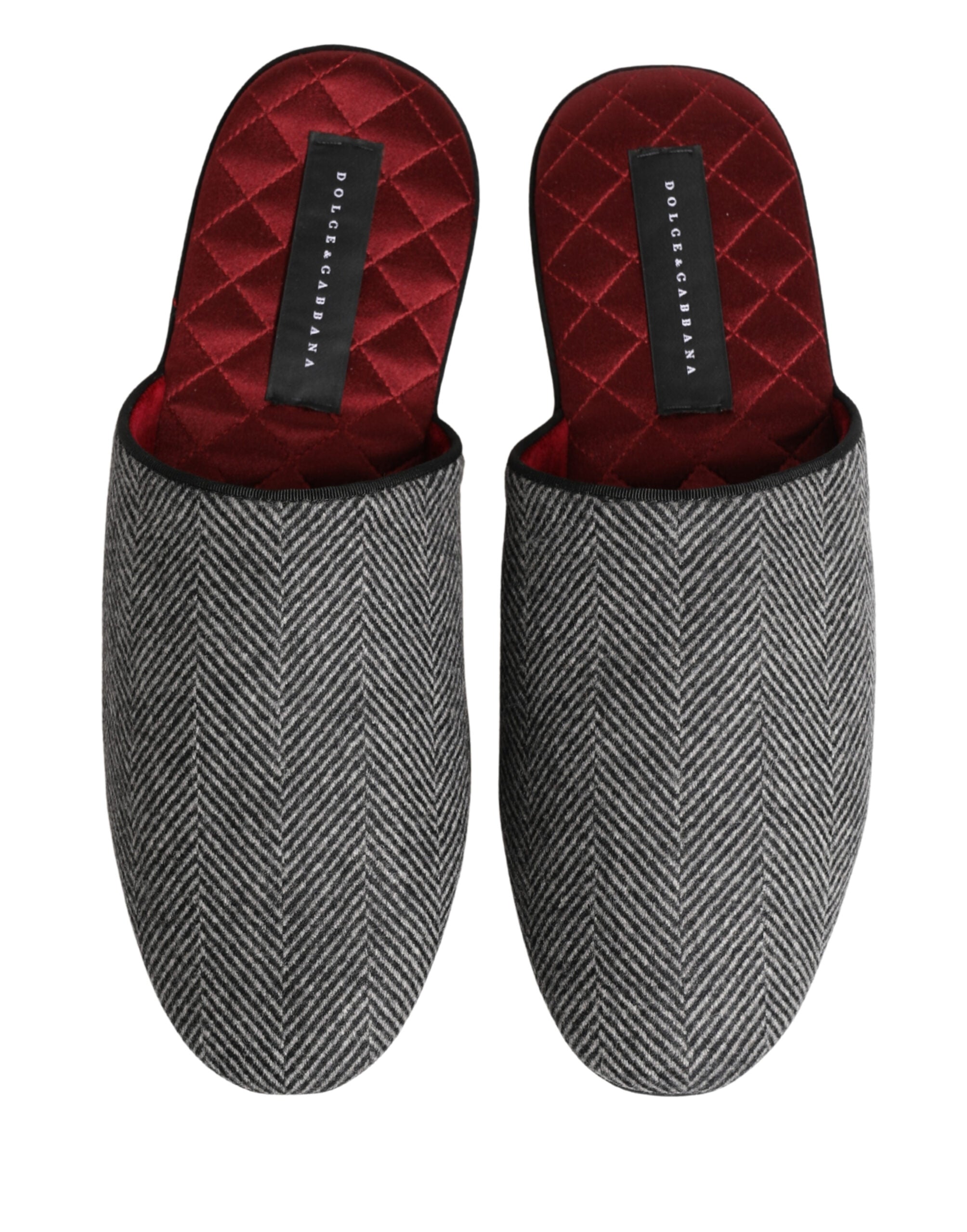 Dolce & Gabbana Grey Herringbone Cashmere Red Slippers Shoes Dolce & Gabbana