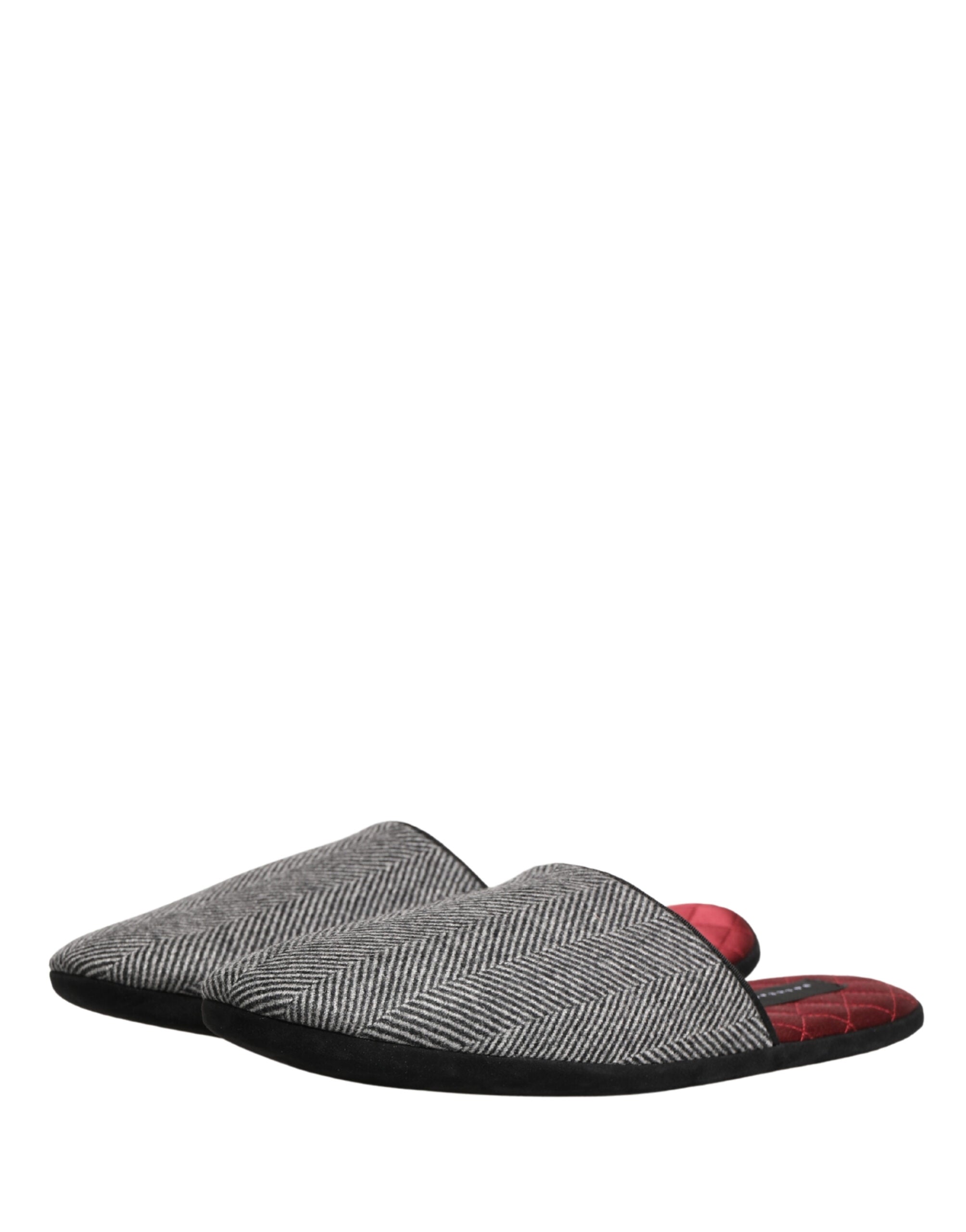 Dolce & Gabbana Grey Herringbone Cashmere Red Slippers Shoes Dolce & Gabbana