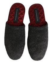 Dolce & Gabbana Dark Grey Charcoal Wool Red Slippers Shoes Dolce & Gabbana