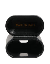 Black Calf Leather Logo Print Flip Holder Airpods Case