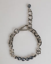 Silver Tone Chain Lobster Clasp Logo Gray Pearls Bracelet