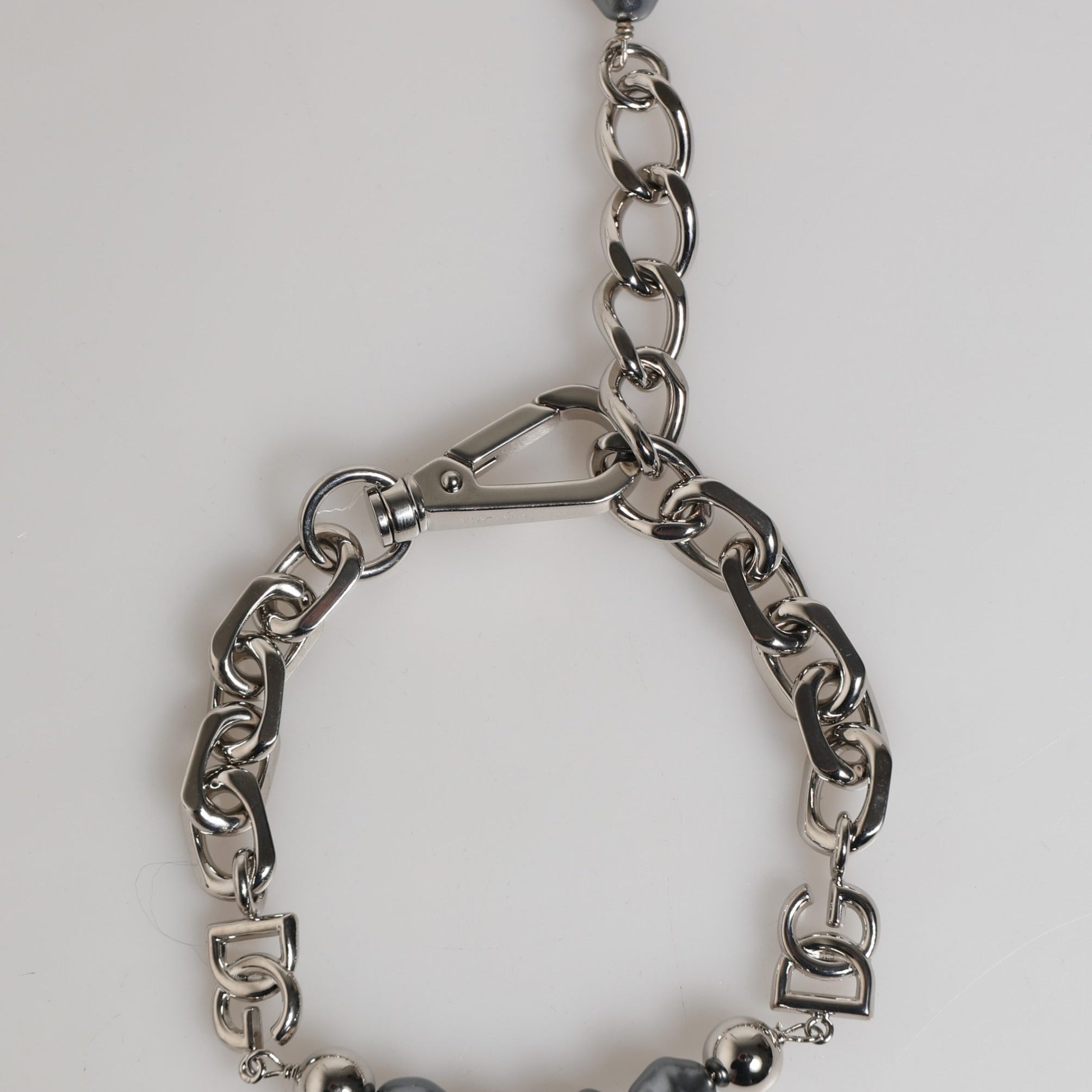 Dolce & Gabbana Silver Tone Chain Lobster Clasp Logo Gray Pearls Bracelet Dolce & Gabbana