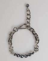 Dolce & Gabbana Silver Tone Chain Lobster Clasp Logo Gray Pearls Bracelet