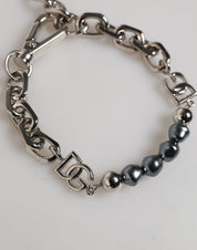 Dolce & Gabbana Silver Tone Chain Lobster Clasp Logo Gray Pearls Bracelet Dolce & Gabbana