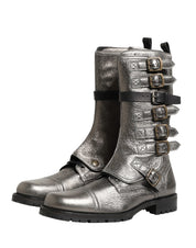 Metallic Silver Combat Biker Mid Calf Boots Shoes