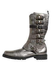 Metallic Silver Combat Biker Mid Calf Boots Shoes