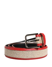 Men Beige Red Woven Leather Metal Buckle Belt