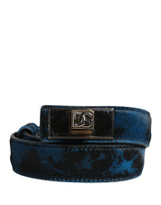 Men Blue Calf Leather Logo Metal Buckle Belt