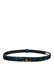 Men Blue Calf Leather Logo Metal Buckle Belt
