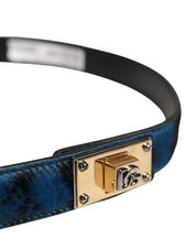 Men Blue Calf Leather Logo Metal Buckle Belt