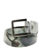 Men White Floral PVC Silver Metal Buckle Belt