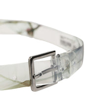 Men White Floral PVC Silver Metal Buckle Belt