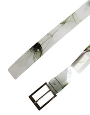 Men White Floral PVC Silver Metal Buckle Belt