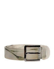 Men White Floral PVC Silver Metal Buckle Belt