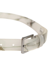 Men White Floral PVC Silver Metal Buckle Belt