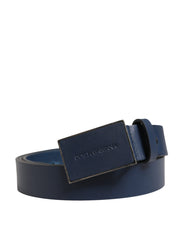 Men Blue Calf Leather Logo Metal Buckle Belt