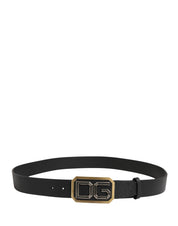 Men Black Leather DG Logo Metal Buckle Belt