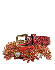 Dolce & Gabbana Red Leather Daisy Crystal Embellished Waist Belt